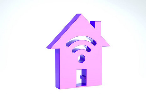 白色背景上带wifi图标的紫色智能家居。远程控制。三维插图三维渲染