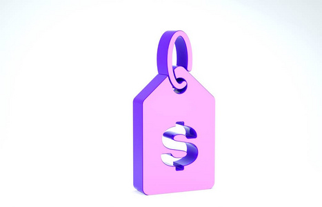 紫色价格标签与美元图标隔离在白色背景。价格徽章。以美元符号出售。促销标签折扣。三维插图三维渲染