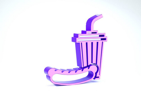 紫色苏打和热狗图标隔离在白色背景上。快餐符号。三维插图三维渲染
