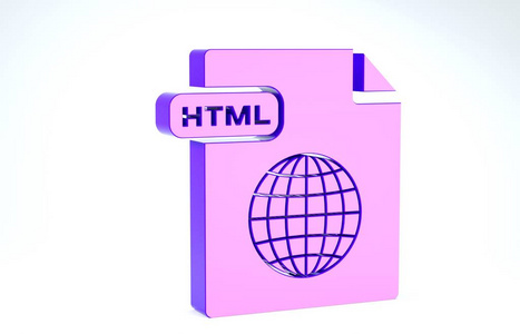 紫色HTML文件文档。下载html按钮图标隔离在白色背景上。HTML文件符号。标记语言符号。三维插图三维渲染