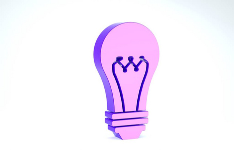 白色背景上孤立的紫色灯泡图标。能量和思想的象征。电灯。三维插图三维渲染