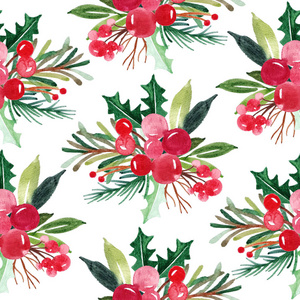手绘花卉冬季无缝图案与圣诞树树枝和浆果。水彩插图背景