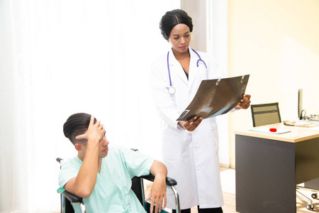 A male patient sat on a wheelchair due to headache. Under treatm