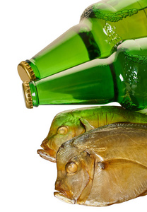 light beer in bottles and smoked fish 