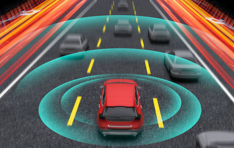 智能汽车,自动驾驶仪,带雷达信号系统的自动驾驶模式车辆,三维渲染图.