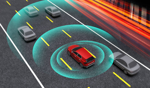 智能汽车，自动驾驶仪，带雷达信号系统的自动驾驶模式车辆，三维渲染图。