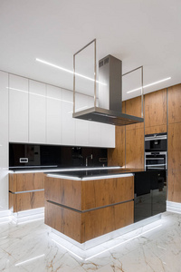 Elegant kitchen with led lighting on