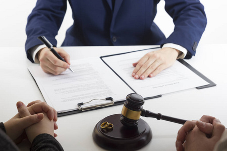 妻子丈夫签署离婚令解除解除婚姻法定分居文件提交离婚文件或律师准备的婚前协议。结婚戒指