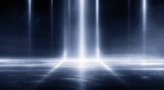 三维渲染抽象深空场景蓝色霓虹灯探照灯照片