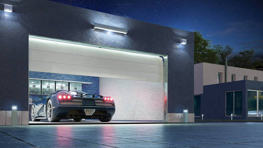 现代化的开放式车库.三维插图照片