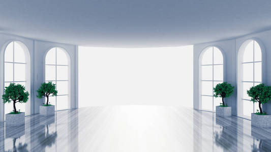 白色空旷的室内，有窗户的房间。3d插图，3d ren