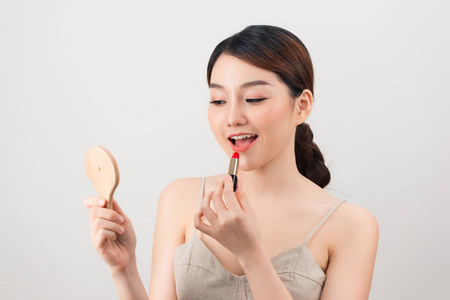 面对 漂亮的 肖像 化妆 镜子 女孩 越南人 美丽的 唇膏