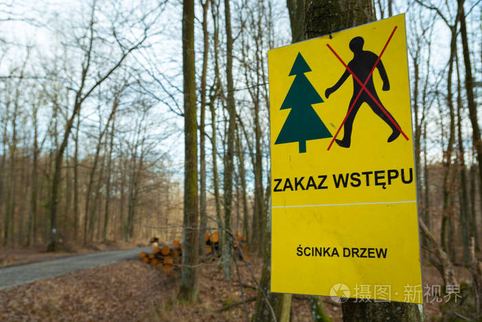 禁止进入森林,砍伐树木的标志,波兰语列阵.照片-正版商用图片26wo32-