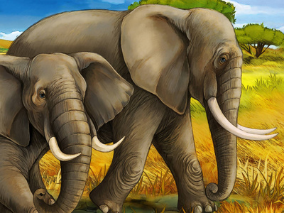 卡通场景与大象家庭野生动物园儿童插图