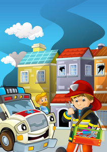 消防队员灭火的卡通舞台吸烟儿童插图
