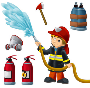 卡通快乐和有趣的消防员工作在白色背景与工具儿童插图