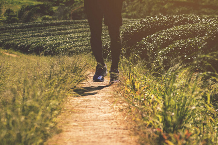 跑步者。年轻人在山路上跑步。冒险