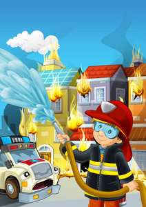 消防队员在救护车和建筑物附近工作的卡通场景是儿童燃烧插图