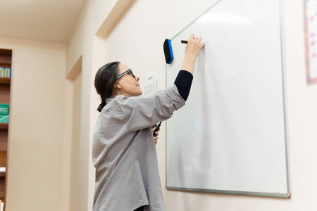 女企业家或女教师在会议室用可擦掉的记号笔在黑板上写字。