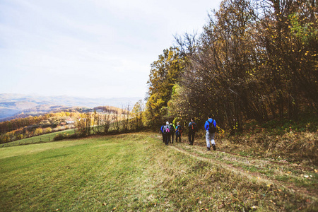 Hiking Group Of People Walking In Nature 