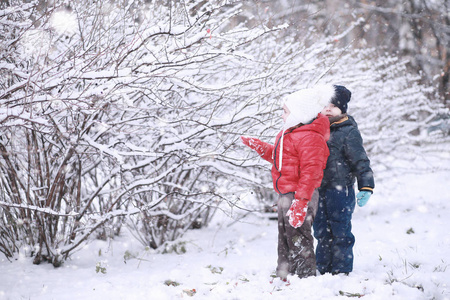 孩子们第一次下雪就在公园里散步