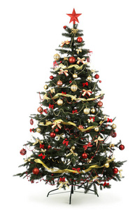 白色背景上独立装饰的圣诞冷杉树