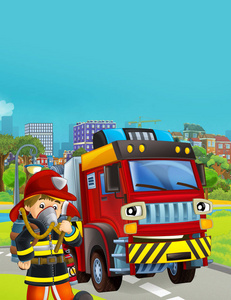 消防车在路上的卡通场景插图