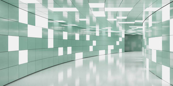 抽象薄荷绿走廊内部背景空房间与高亮度照明三维渲染插图