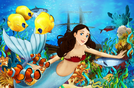 卡通海洋和水下世界的美人鱼与鱼游泳儿童插图