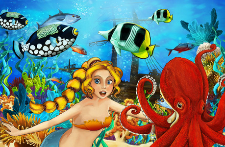 卡通海洋和水下世界的美人鱼与鱼游泳儿童插图照片