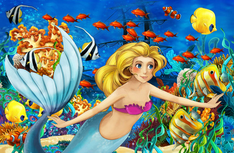 卡通海洋和水下世界的美人鱼与鱼游泳儿童插图