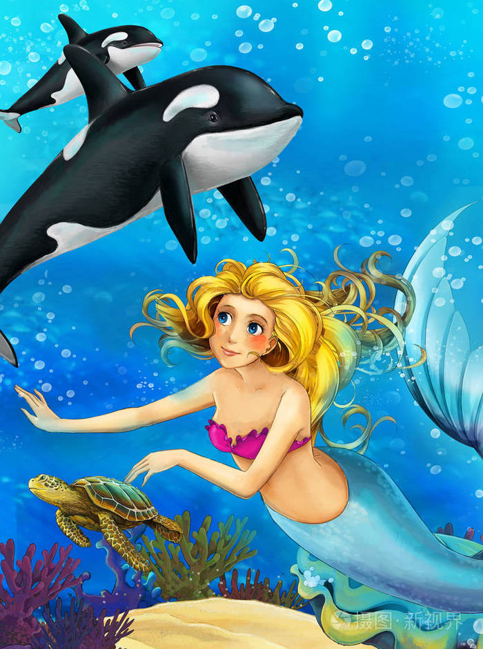 卡通海洋和水下世界的美人鱼与鱼游泳儿童插图