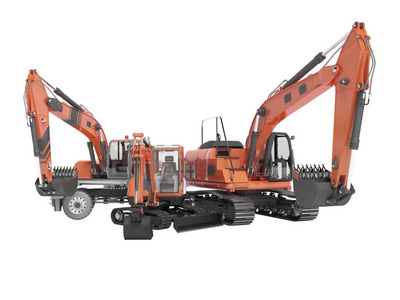 Group of construction machinery excavator 3D rendering on white 