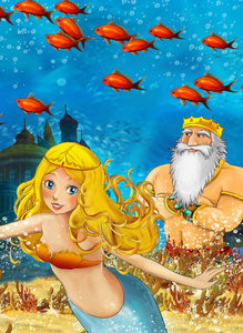 美人鱼与王子卡通海洋和水下世界的美人鱼与鱼游泳-儿童插图照片