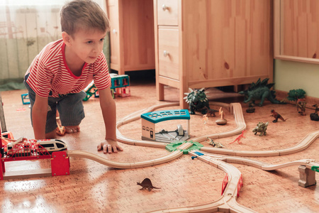小男孩在他的房间里玩恐龙和木制铁路