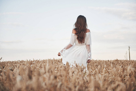 夏天 天空 白种人 连衣裙 头发 小麦 草地 日落 自然