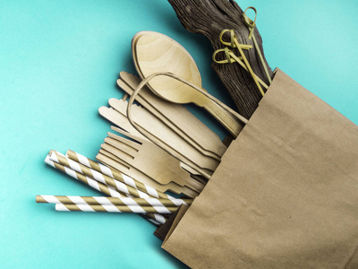 时尚蓝色背景,餐具,可回收利用,环保理念,无塑料替代品零浪费环保照片