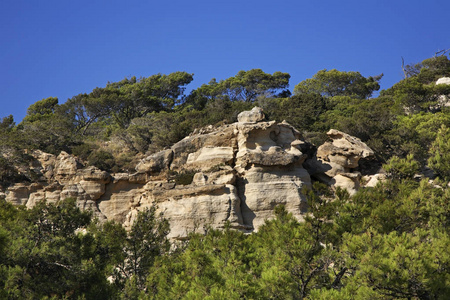 薪水 场景 罗德斯 岩石 独石 森林 攀登 希腊 自然 小山