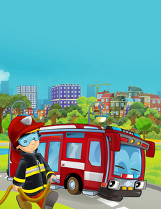 消防车在路上的卡通场景和消防员儿童插图
