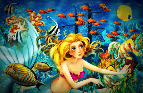 卡通海洋与水下王国中的美人鱼游泳机智