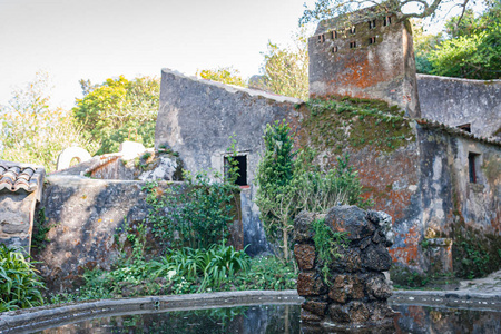 古老的岩石喷泉，石头建筑。卷尾猴修道院