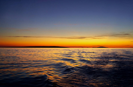 美丽的夕阳背景,鲜明的对比色调之间的海洋地平线之间的橙色和蓝色的