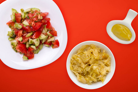  Vegetarian salad with cucumbers, tomatoes and green onions. Veg