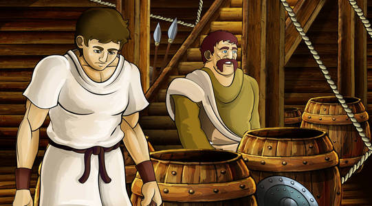 有文化卡通木制船舱内有罗马或希腊古文字的卡通场景儿童插图照片