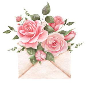 水彩画插图的嫩粉红色玫瑰在一个纸信封。