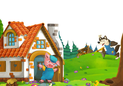 三个猪三个猪农的家在草地附近的卡通场景,白色背景空间用于儿童文本