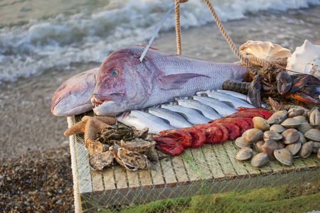 On the table are seafood big fish, smaller fish, lobsters, muss