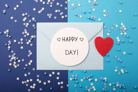 Blue envelope, small stars and red heart on classic blue 
