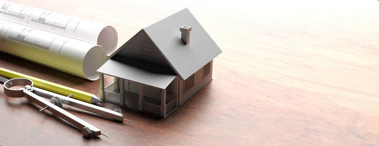 图纸背景的房屋模型，工程承包商办公室。三维插图