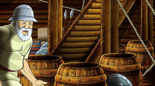 古文字木制船舱内有罗马或希腊古文字的卡通场景儿童插图照片